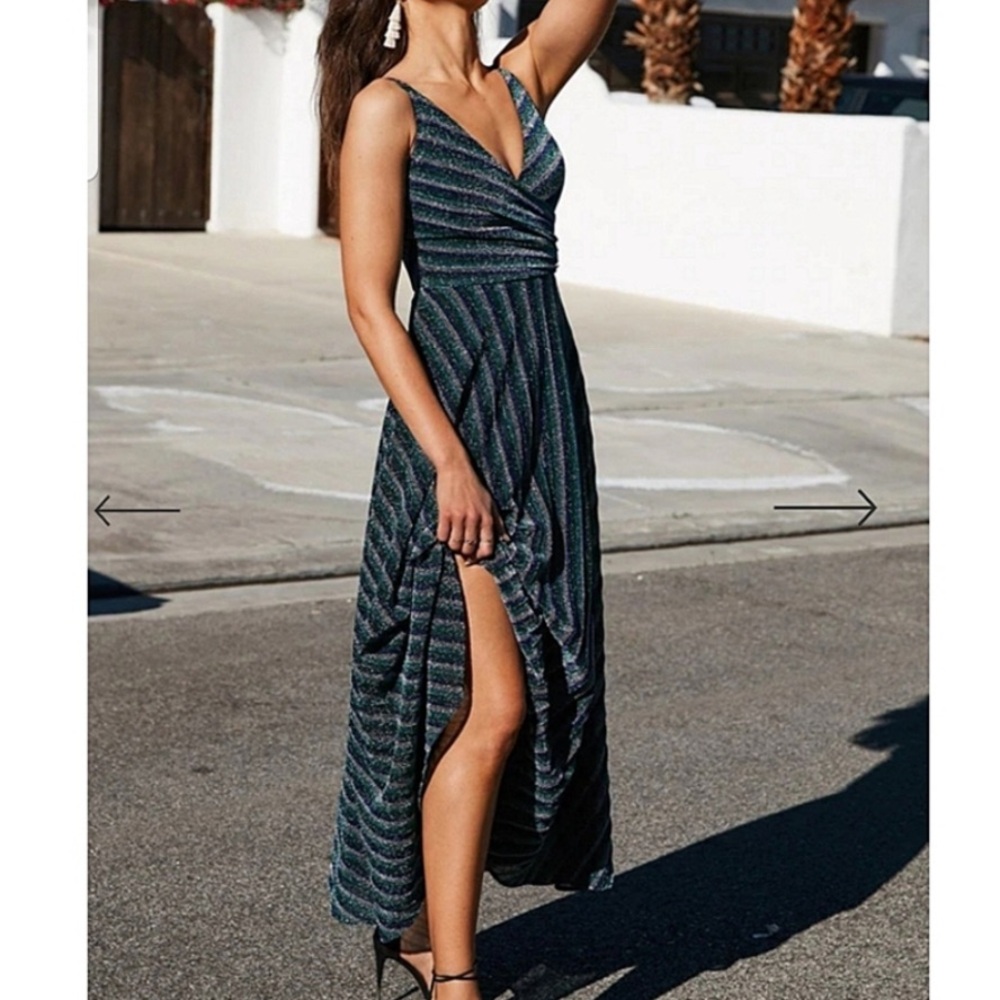 Dress the Population Lena Dress: Striped Maxi Dress - Blue and Green - Picture 3 of 13